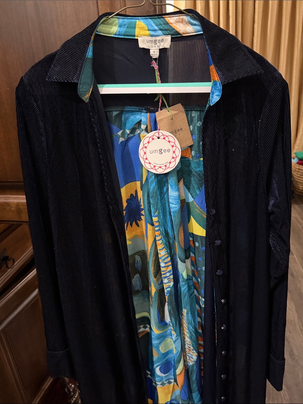 Umgee Navy Velvet Longline tunic/ Kimono with Colorful Floral Accents